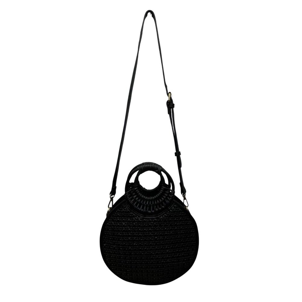 Anthropologie Women’s Black Woven With Dual Handles Round Rattan Crossbody Bag